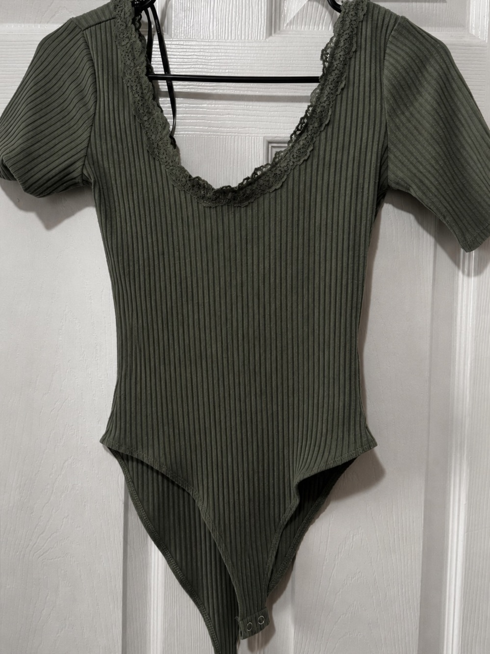 Forever 21 Olive Green Ribbed Lace-Trim One-Piece Bodysuit